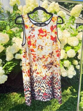 Kensie White Sleeveless Shift Dress with Red & Yellow Floral and Leopard Hem